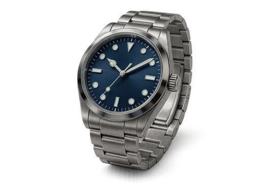 Elegant silver wristwatch with blue dial isolated on a transparent background