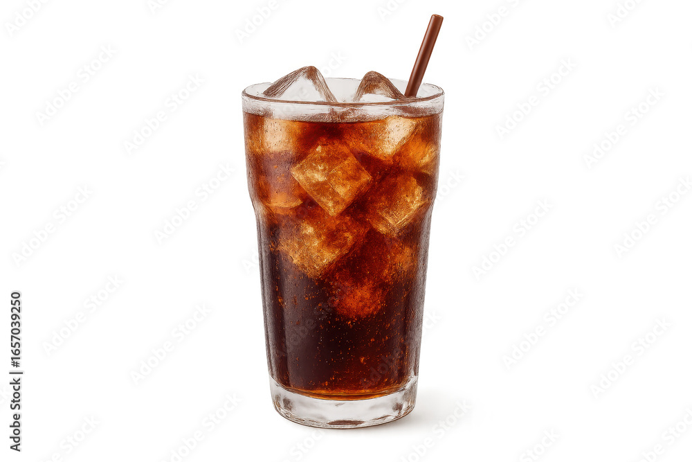 Poster refreshing glass of cola with ice and straw isolated on transparent background.