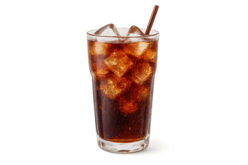Refreshing glass of cola with ice and straw isolated on transparent background.