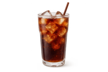Refreshing glass of cola with ice and straw isolated on transparent background.