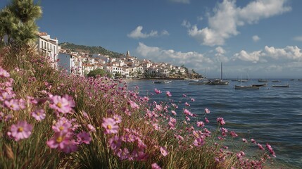 Pink Flowers in the Foreground Overlooking Llanport Coast