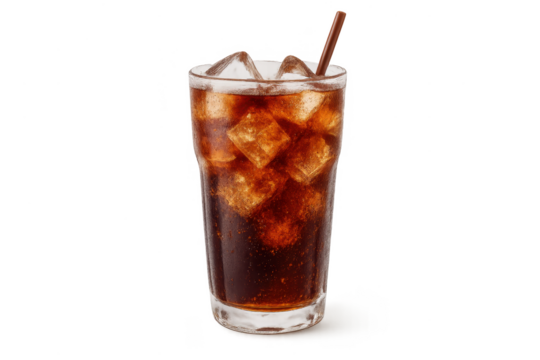 Refreshing glass of cola with ice and straw isolated on transparent background.