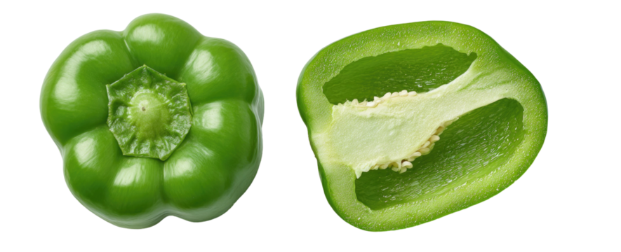 Two whole and halved green bell peppers