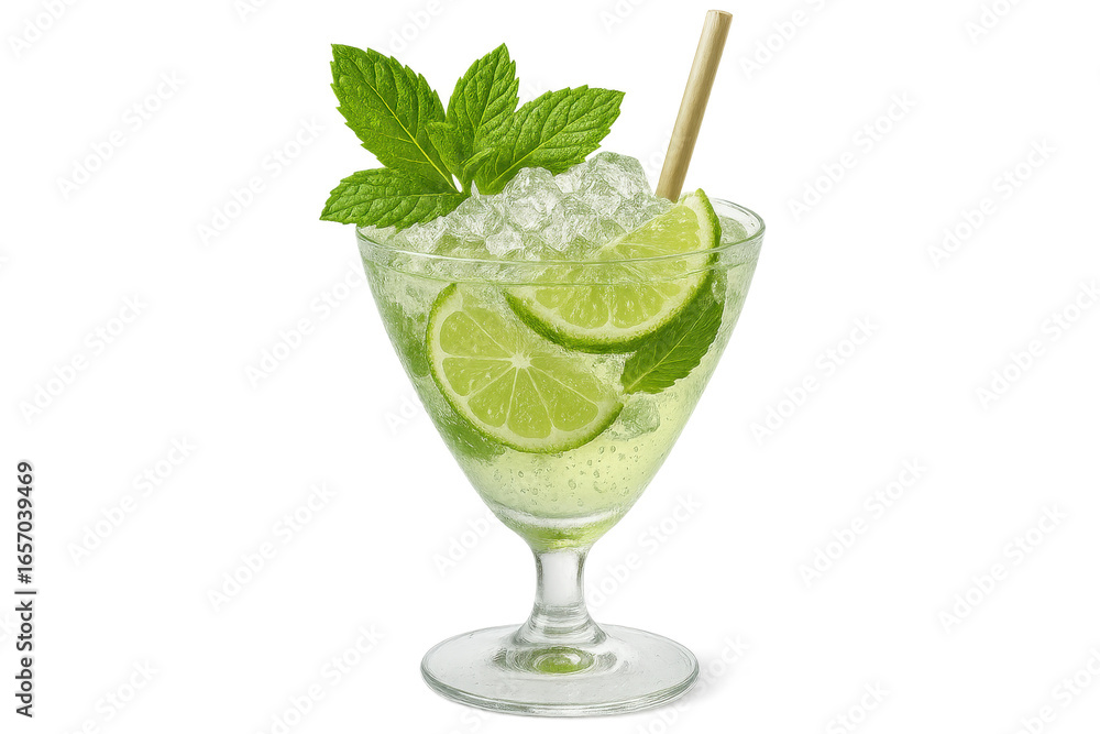 Poster refreshing mojito cocktail with lime and mint isolated on a transparent background