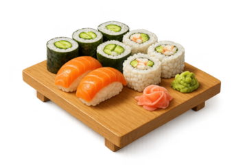Assorted Japanese sushi and maki rolls on a wooden board isolated on transparent background