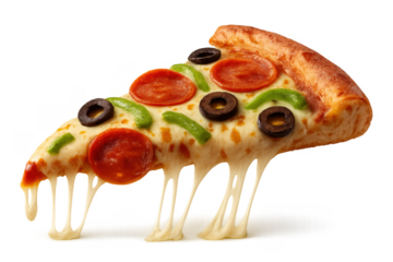 Hot pepperoni pizza slice with stringy cheese isolated on transparent.