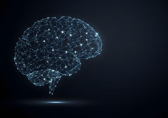 Digital brain illustration with connected network nodes representing artificial intelligence, technology, neural networks, and data processing