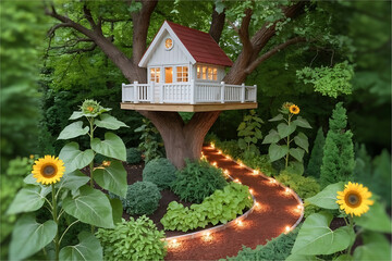 A charming treehouse nestled in a lush garden with sunflowers and a winding illuminated pathway below it
