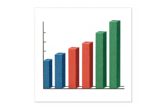 Colorful 3D bar chart graph showing progress, isolated on transparent background.