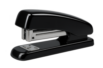 Sleek black office stapler isolated on a pristine transparent background.