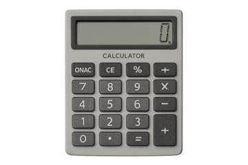 Grey digital calculator isolated on transparent background, zero on display screen