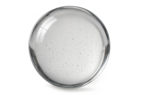 Clear glass sphere with tiny air bubbles, isolated on transparent background