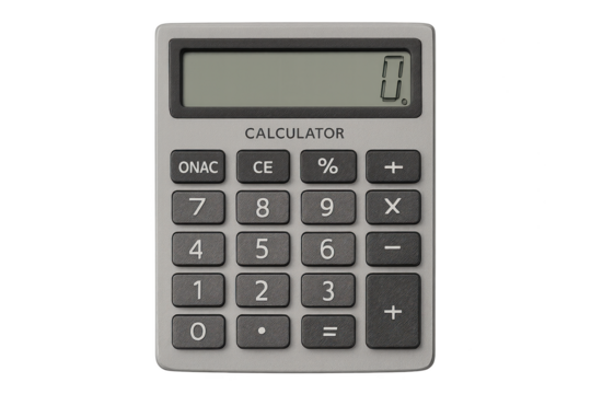 Grey digital calculator isolated on transparent background, zero on display screen