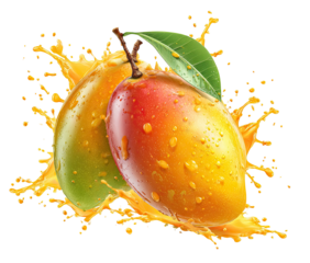 Two ripe mangos, wet with juice, are immersed in a vibrant splash of orange juice
