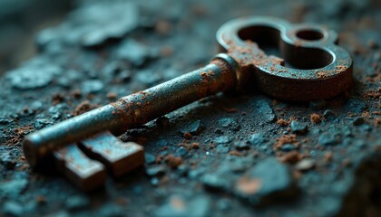 Close-up of old, rusty metal key resting on dark, textured surface. Aged, corroded object evokes sense of mystery, history, forgotten secrets. Grunge detail, macro perspective highlight vintage,
