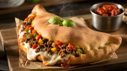 Crispy Folded Pizza Stuffed with Vegetables and Sauce