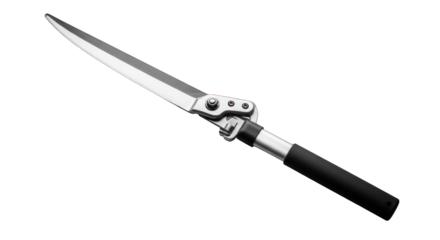 Silver metal knife with black handle on a black background, angled right
