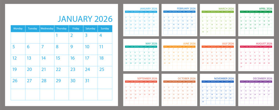 Calendar planner 2026 year, schedule month calender, organizer template. Week starts on Monday. Business personal page. European modern simple dairy. Vector illustration