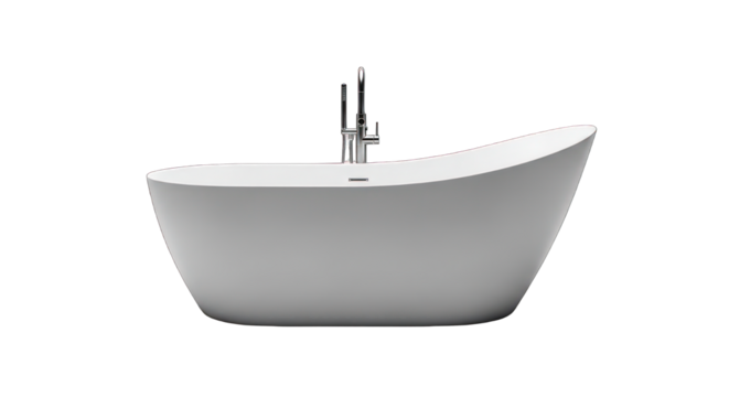 Sleek white freestanding bathtub with chrome faucet, against black background