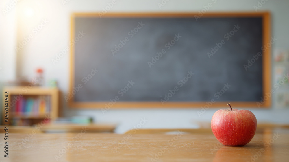 Poster soft morning light fills an empty classroom with a chalkboard, highlighting a single red apple on a 