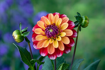 Close up of a vibrant dahlia flower with red orange and yellow petals and buds against blurred background
