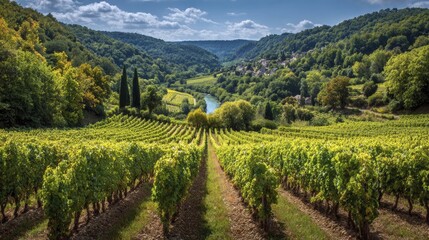 Fototapeta premium A picturesque vineyard landscape stretches across rolling hills, with a river winding through the valley below.