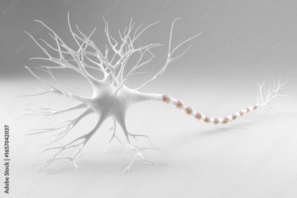 Poster a hyperrealistic neuron with intricate branches and axon stands out against a clean white background