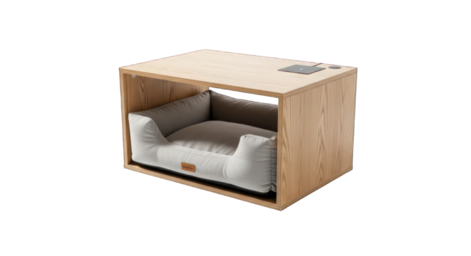 Stylish wooden dog bed with cushion, forming a bedside table like cube