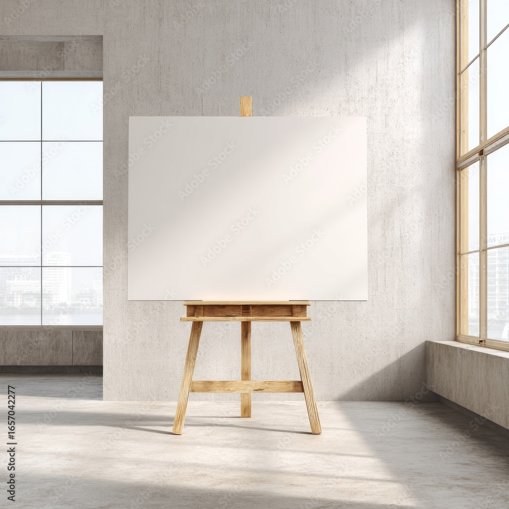 Poster a large empty canvas is set on a wooden easel in a minimalistic studio filled with soft, natural lig