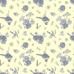Floral pattern of watercolor small flowers and herbs tinted in grey tone on pastel yellow background. For fabric and wrapping paper, scrapbooking and stationery decoration