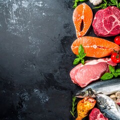 Fresh raw meat and fish assortment