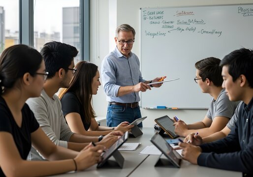 Business team leader presenting strategy to diverse colleagues in modern office conference room, corporate meeting and teamwork concept