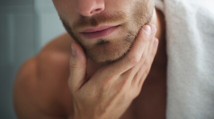 Obraz premium Adult man applying exfoliating product to his face in bathroom 