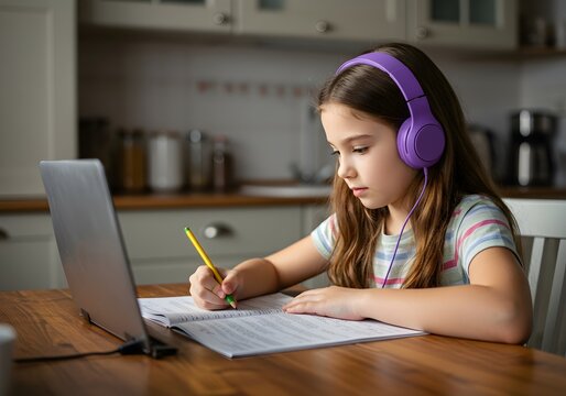 Young girl with purple headphones studying at home desk with laptop, remote learning and educational technology concept for students