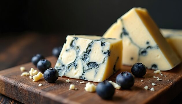 Gorgonzola cheese with blue veins and blueberries on rustic wooden board. Delicious dairy product, perfect for snacks or gourmet meals. Soft, mold-rich cheese, rich in flavor and nutrients.