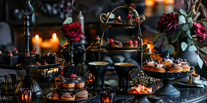 "Delicious Desserts Elegantly Displayed on Tiered Stands at an Upscale Event"
