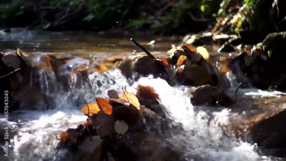 Poster capturing the serene flow of a stream embellished with autumn leaves in a tranquil natural setting.