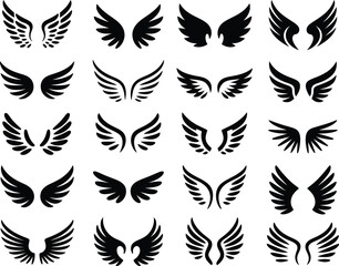 Collection of Distinct Black and White Wing Vector Graphics Presented in a Grid Layout, Ideal for Emblems, Logos, Tattoos, and Symbolic Design Projects Across Various Media.