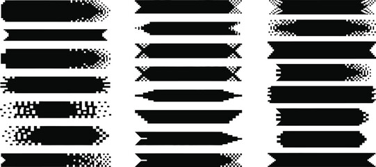 Collection of modern black horizontal banners with pixelated and glitch-style edges, ideal for digital design, web graphics, and contemporary art projects.