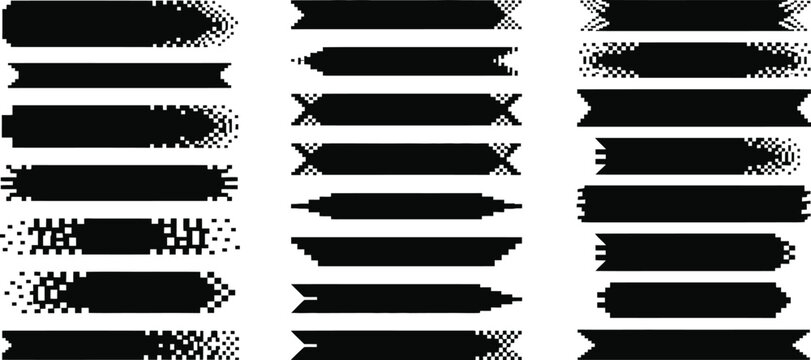 Collection of modern black horizontal banners with pixelated and glitch-style edges, ideal for digital design, web graphics, and contemporary art projects.