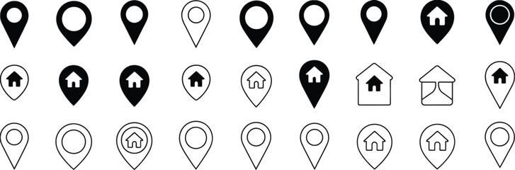 Diverse collection of vector location marker icons, featuring various map pin styles and home and tent symbols, ideal for navigation, mapping, and destination design projects.