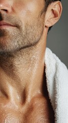 Obraz premium Man applying liquid exfoliant on skin with towel around neck 