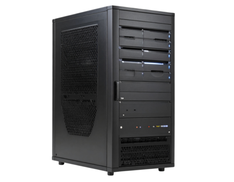 Single computer server tower in matte black finish detailed front panel with vents