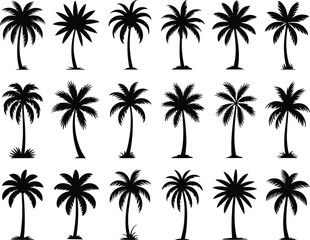 A collection of black silhouette palm tree designs in three rows against a white background