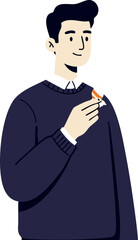 Young man wearing dark sweater holding small orange snack vector illustration in casual style