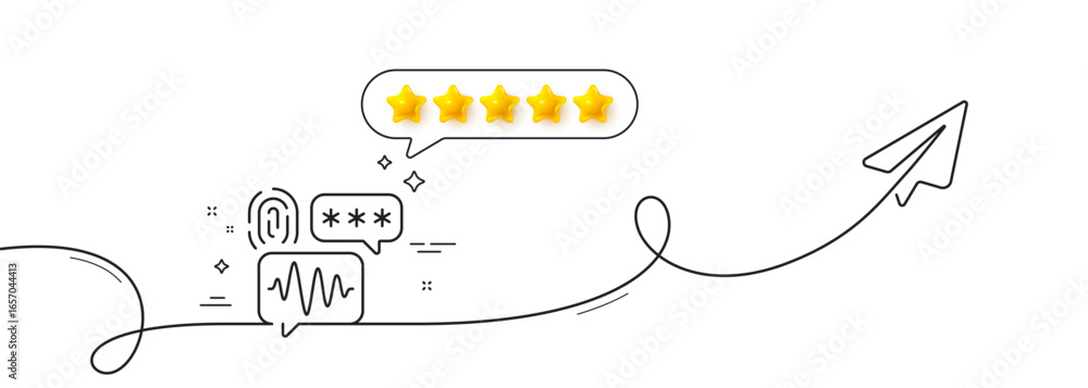 Poster Biometric security line icon. Continuous line with share plane. Fingerprint scan sign. Privacy data symbol. Five star rate review in speech bubble. Biometric security single line ribbon. Vector