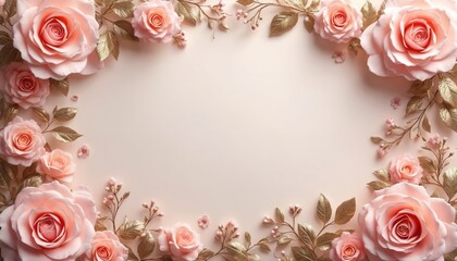 Luxurious border with blush pink roses, gold detailing frames elegant blank space. Feminine floral pattern for wedding invitations, greeting cards, romantic stationery. Delicate, soft pastel design