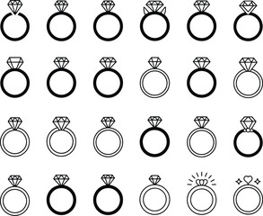 Collection of black and white engagement ring illustrations in a grid pattern. Vector elements for design and concepts