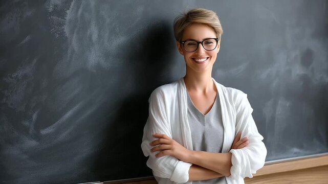 A smiling teacher next to a board in a warm classroom setting