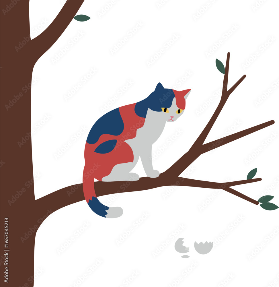 Aufkleber cat sitting on tree branch with broken eggshells below in minimal flat vector style illustration